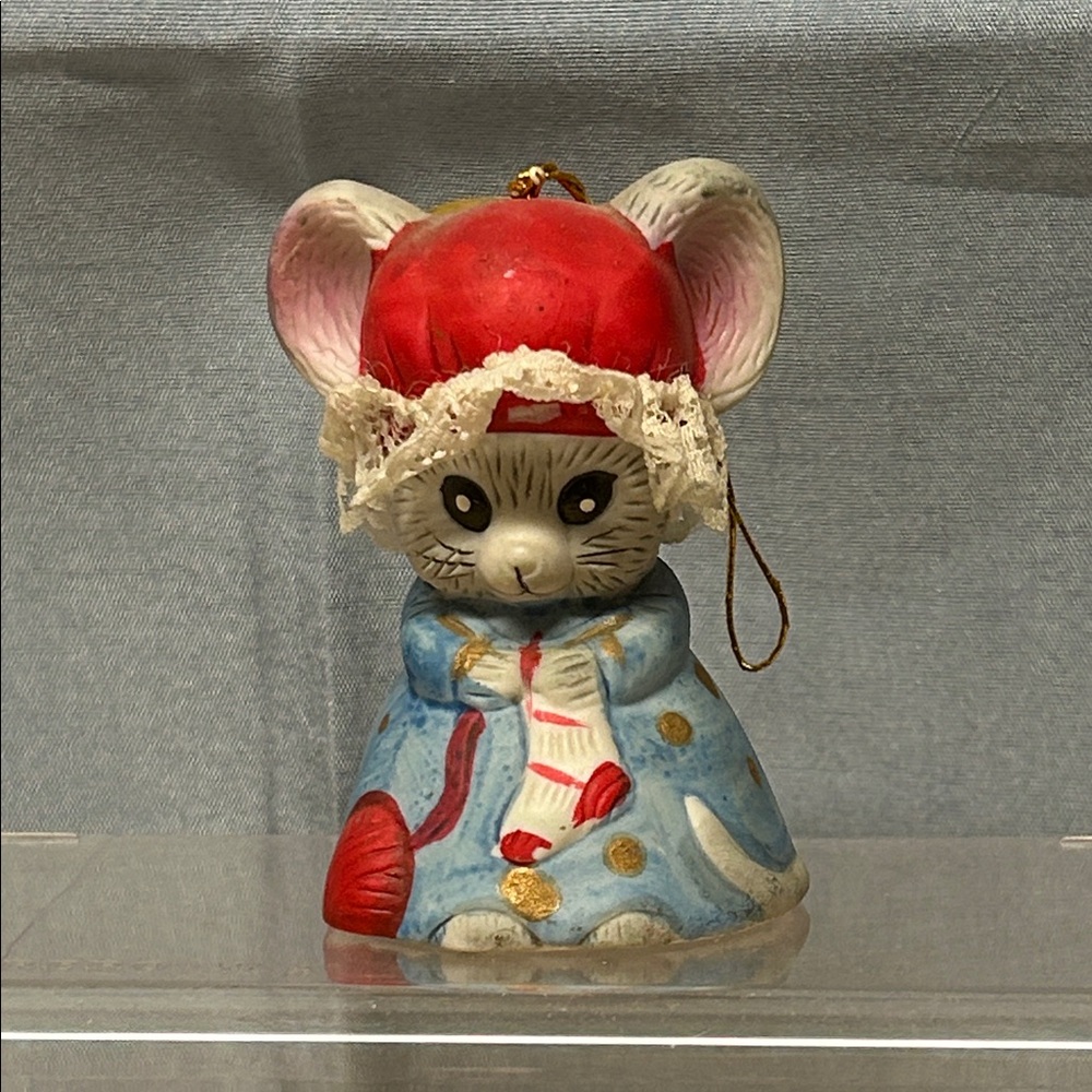 1980s Handpainted Bisque Porcelain Bell by Jasco, Mouse Knitting Socks